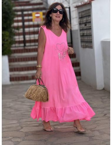 Vestido Largo Rosa con Bordado de atrapasueños