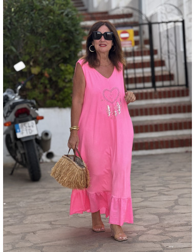 Vestido Largo Rosa con Bordado de atrapasueños
