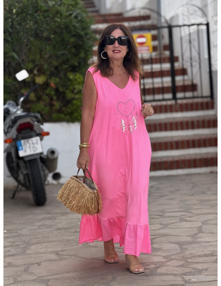 Vestido Largo Rosa con Bordado de atrapasueños