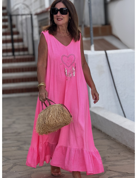 Vestido Largo Rosa con Bordado de atrapasueños