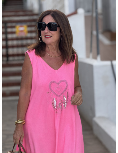 Vestido Largo Rosa con Bordado de atrapasueños