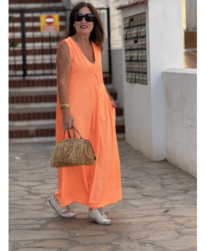 💖 Vestido Naranja Flúor con Bolsillos y Escote Pico 2