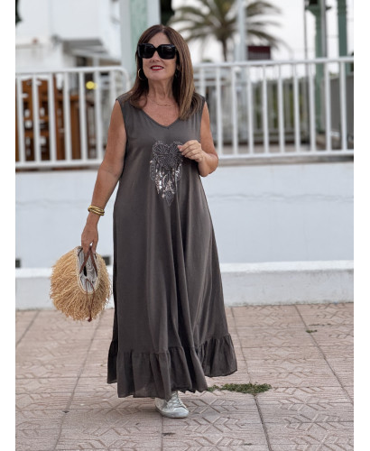 Vestido Largo chocolate  con Bordado de atrapasueños 2