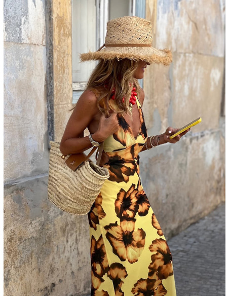 Vestido Largo Halter Floral Amarillo