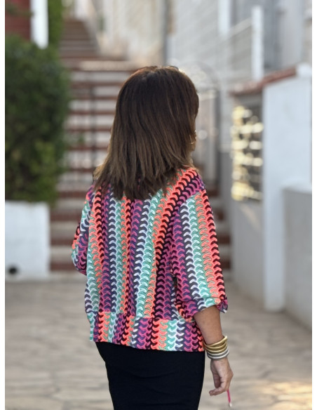 Chaqueta tipo bomber multicolor con cremallera rosa