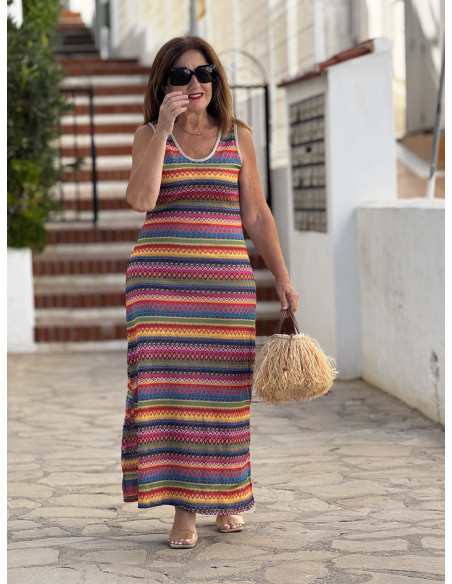 Vestido sin mangas largo con estampado multicolor rojo