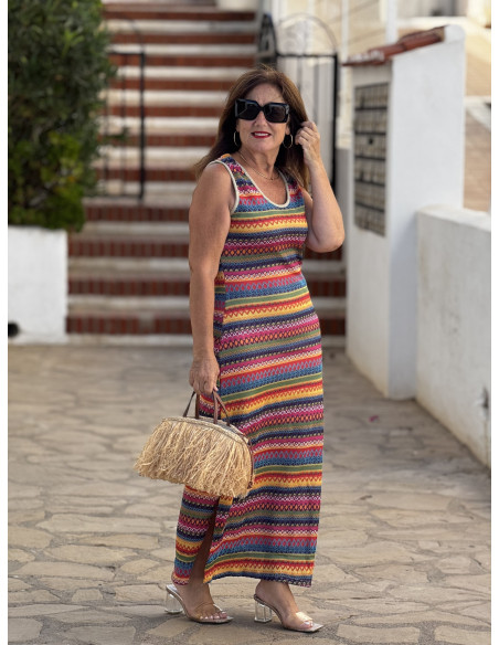 Vestido sin mangas largo con estampado multicolor rojo
