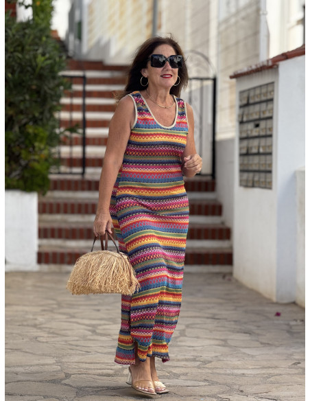 Vestido sin mangas largo con estampado multicolor rojo