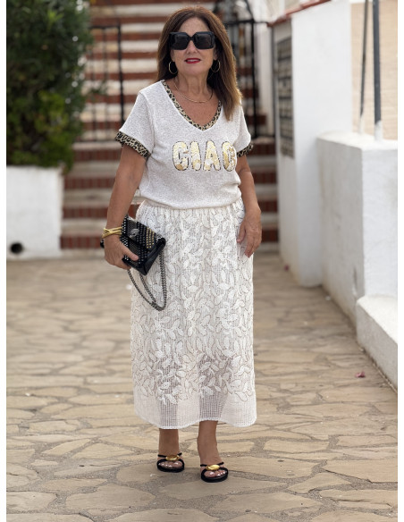 Falda de rejilla bordada con lentejuelas