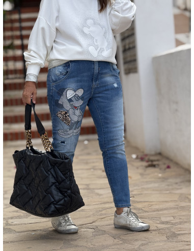 Jeans denim con Mickey en strass y detalle...