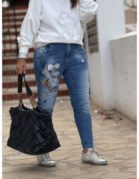 Jeans denim con Mickey en strass y detalle animal print