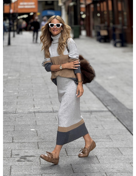 Conjunto dos piezas en franjas grises y camel