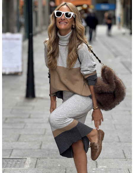 Conjunto dos piezas en franjas grises y camel