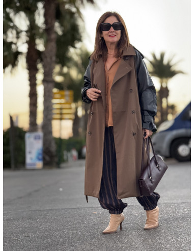 🍫🖤 Gabardina Chocolate con Mangas de Efecto...