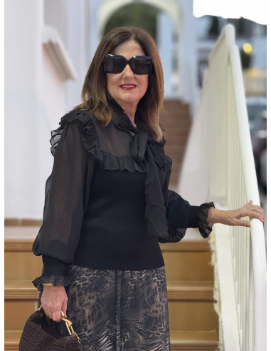 Suéter combinado en canalé y gasa negro