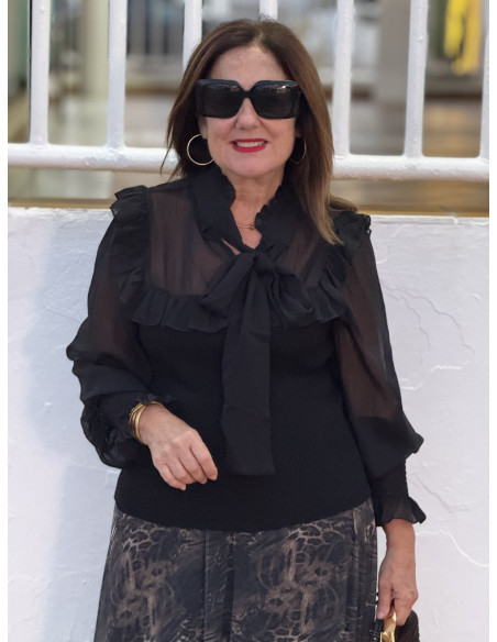 Suéter combinado en canalé y gasa negro