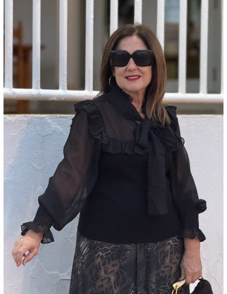 Suéter combinado en canalé y gasa negro