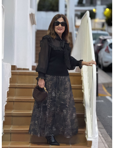 Suéter combinado en canalé y gasa negro