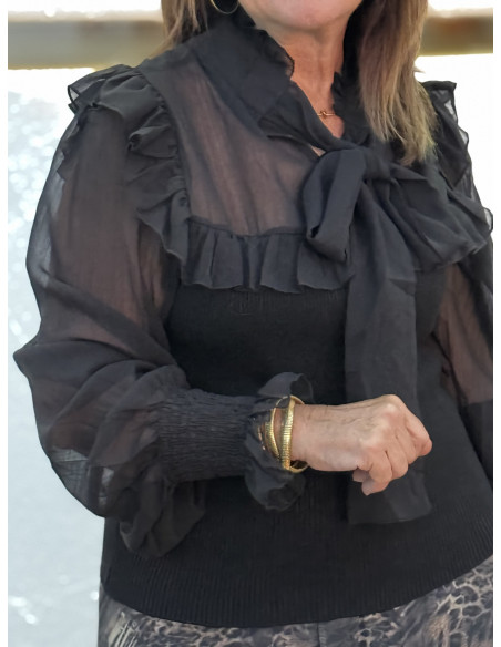 Suéter combinado en canalé y gasa negro