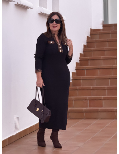 Vestido de punto canalé negro con detalles animal print