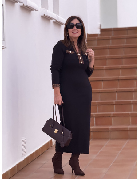 Vestido de punto canalé negro con detalles animal print