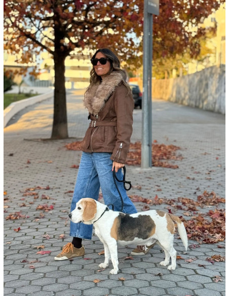 Chaqueta Marrón Efecto Ante con cuello de Pelo