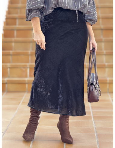 Falda larga de terciopelo gris con cintura...