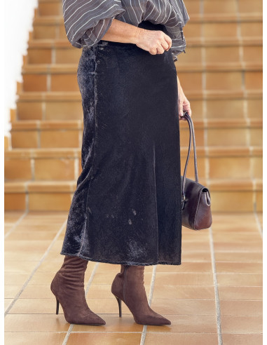 Falda larga de terciopelo gris con cintura...