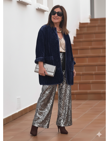 Kimono acolchado de terciopelo azul marino