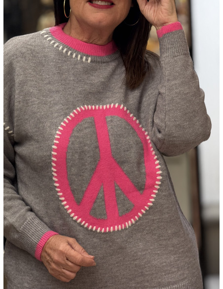 Suéter gris con símbolo de la paz en rosa