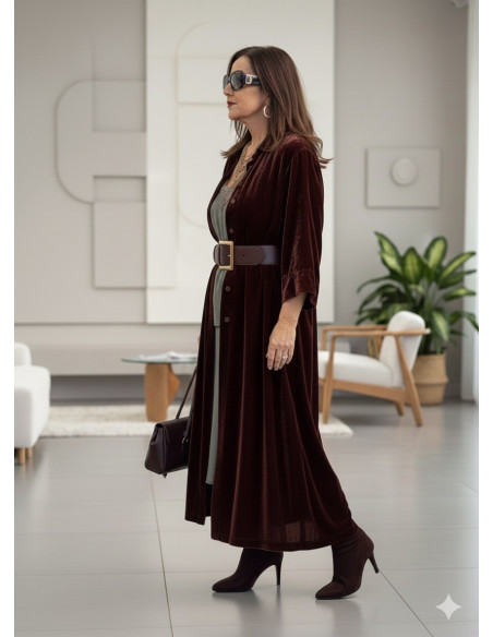 Kimono largo de terciopelo con aberturas laterales marrón