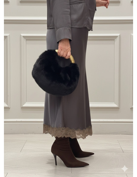 Falda satinada gris con puntilla taupe y cintura elástica