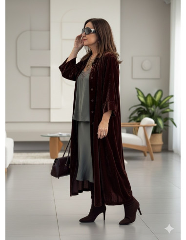 Vestido camisero de terciopelo marrón–teja con...