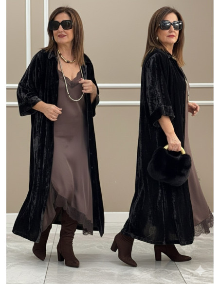 Vestido camisero de terciopelo con aberturas laterales gris