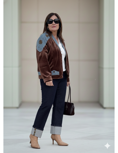 Cazadora terciopelo marrón chocolate combinada con denim y bordados
