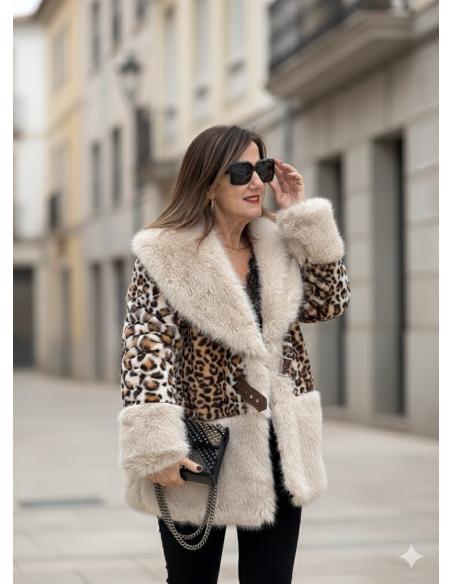 🐾✨ Abrigo de Pelo Sintético Animal Print y Crudo 🐾✨