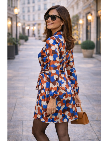 Vestido cruzado estampado retro en tonos azul y...