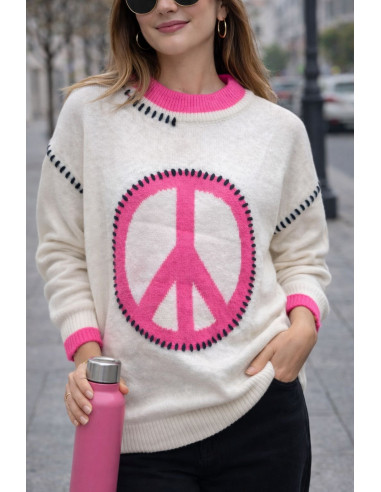 Suéter crudo con símbolo de la paz en rosa