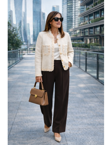 Chaqueta de punto cruda con detalles de puntilla en crudo
