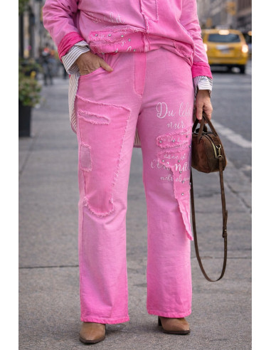 Pantalón Rosa Efecto Lavado con Parches Denim y...