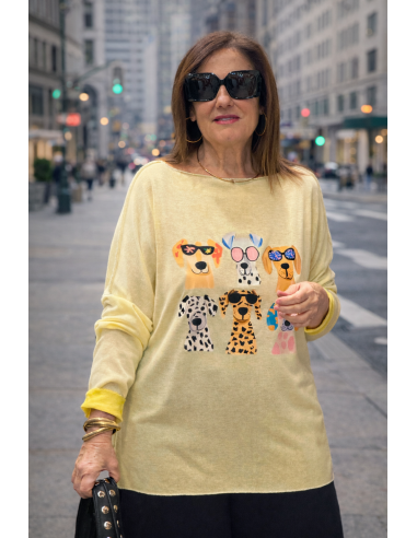 Suéter Amarillo Efecto Lavado con Estampado de...