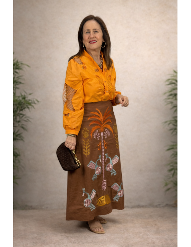 Camisa Naranja Bordada con Calados y Forro...