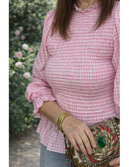 Blusa Rosa Vichy con Nido de Abeja
