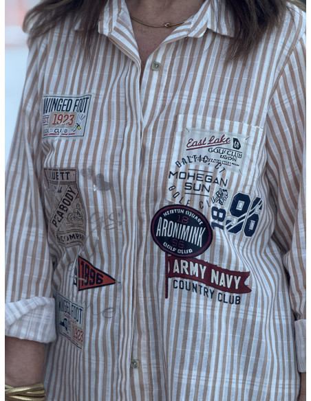 Camisa Rayas Blanco y Camel con Serigrafía