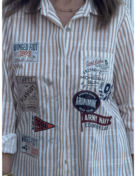 Camisa Rayas Blanco y Camel con Serigrafía