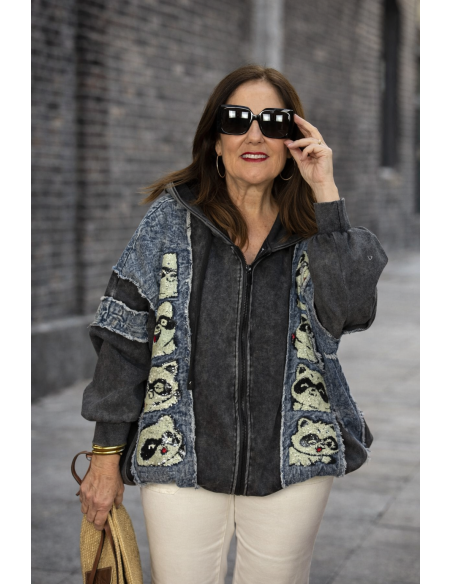 Chaqueta Bomber Oversize Denim y Punto con Lentejuelas