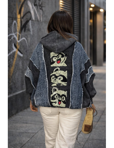 Chaqueta Bomber Oversize Denim y Punto con Lentejuelas