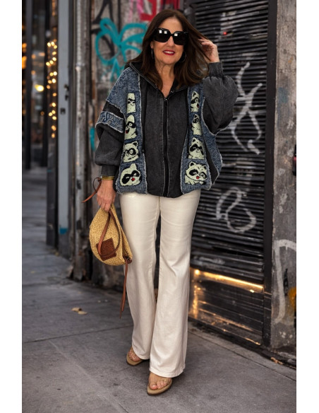 Chaqueta Bomber Oversize Denim y Punto con Lentejuelas