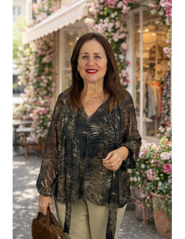 Blusa de tul con estampado print y lazada frontal