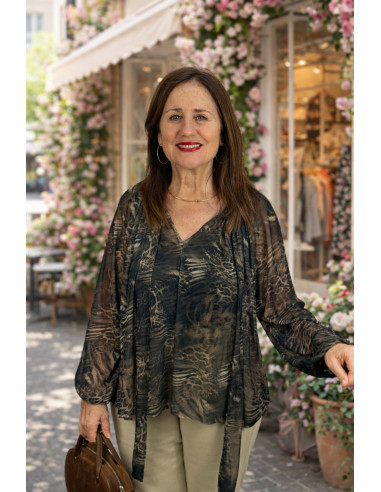 Blusa de tul con estampado print y lazada frontal